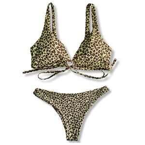 Cheetah Mint Green Triangle String Bikini L Sexy Vacation Cruise Resort NEW